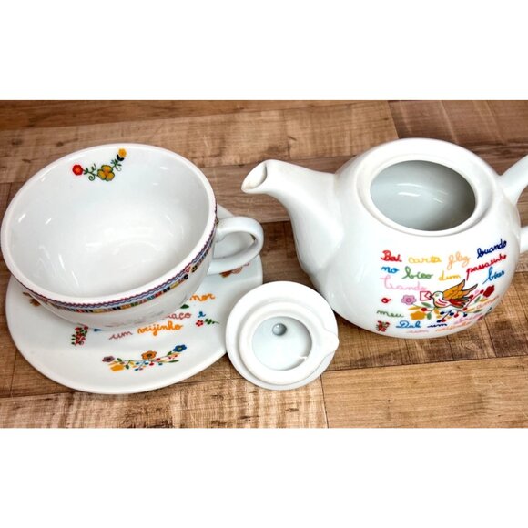 Portuguese-Inspired Ceramic Teapot Cup & Saucer Set With Hand-Painted  3-Piece - Picture 4 of 6